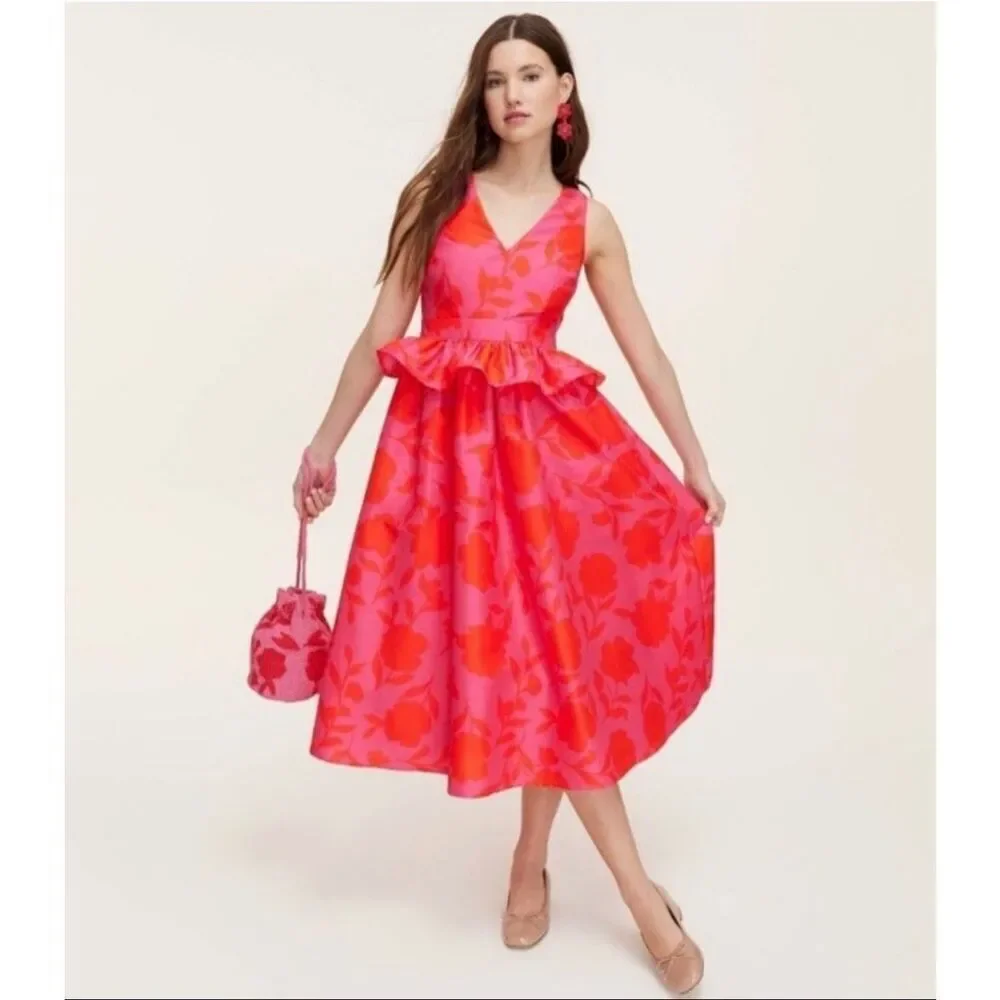 Kate Spade NY X Target Pink and Red Rose Peplum Midi Dress Size 6 New